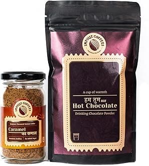 Impulse Coffees Pack of 2 Cozy Caramel Combo | Flavoured Caramel Coffee Powder (50g) & Hot Chocolate Powder (220g) | Coffee Powder In Fresh & Hot Chocolate Blend | Ideal For Hot & Cold Drinks| Ideal Gift Set