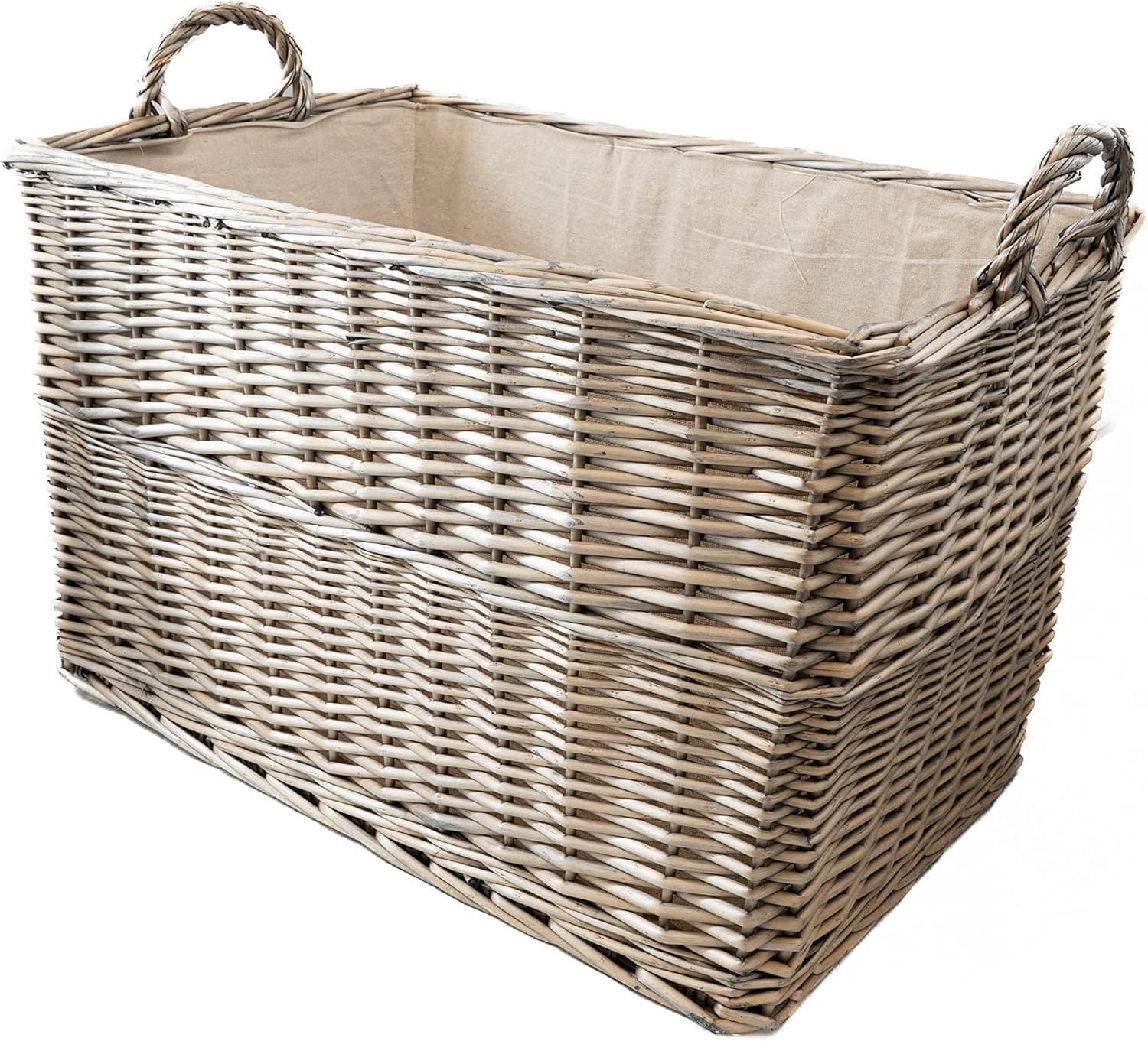 Deluxe Rectangular Wicker Log Basket with Lining and Handles (Large, Light Grey)