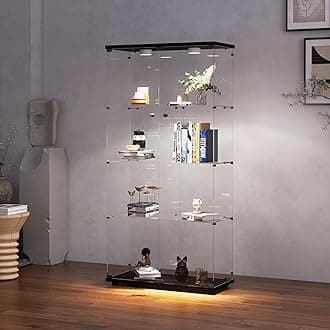 Modern 64.5'' Glass Display Cabinet in Clear with Lock and Lights, Lighted Curio Cabinet Collection Display Case, Floor Standing Showcase for Living Room Home Office