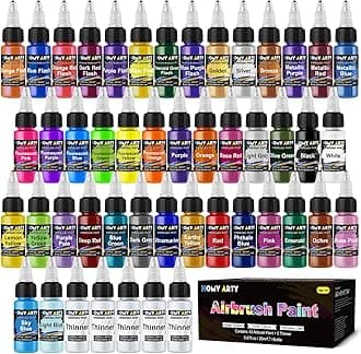 Airbrush Paint - 43 Colors with 5 Thinner, Ready to Spray Airbrush Paint Set, Water-Based Acrylic Air Brush Paints for Metal, Plastic Models, Canvas, Wood - 48 Bottles