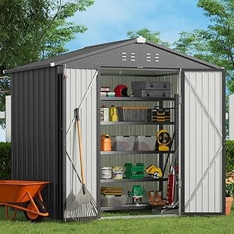 Outdoor Storage Shed 8 x 6 FT, Galvanized Metal Garden Shed with Double Lockable Doors, Outdoor Storage Clearance for Backyard Patio Lawn-Dark Grey