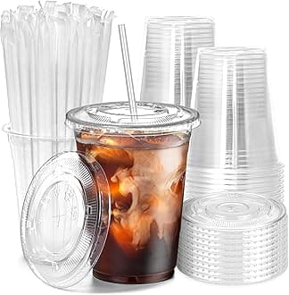 100 Pack 16 oz Plastic Iced Coffee Cups with Flat Lids and Clear Straws, Disposable Clear Cup, BPA Free Cup for Party, Smoothie, Cold Drinks, Juice, Milkshake, Bubble Boba, Tea