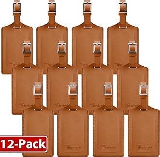 Travelambo 12 Pack Luggage Tags for Suitcases Privacy Protection Bag Tags Faux Leather Travel Accessories Essential, Yellowish Brown