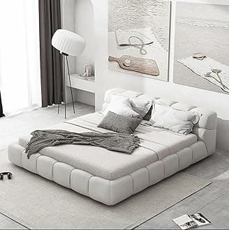 Zayn Comforts Fabric Upholstered Bed Frame with Square Headboard - Modern Platform Bed for Queen/King Size - Premium Wood Frame & High-Density Padding (Mattress Not Included)(White, 200X200cm)