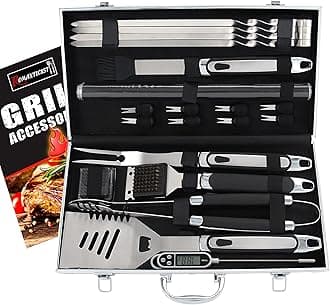 ROMANTICIST 21pc BBQ Grill Accessories Set with Thermometer - The Very Best Grill Gift on Birthday Wedding - Heavy Duty Stainless Steel Grill Utensils with Non-Slip Handle in Aluminum Case