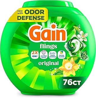 Flings Liquid Washing Detergent pacs, Now with Odor Defense + Color Guard, Original Scent, 4-In-1 Liquid Laundry Detergent Pods, Clean & Fresh, 76 Count