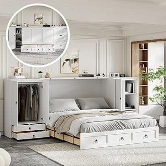 SOFTSEA Queen Size Murphy Bed, Wood Murphy Bed with USB Port, Wardrobes and Drawers, Folding Murphy Bed for Guestroom Bedroom Study Room Office Home, White