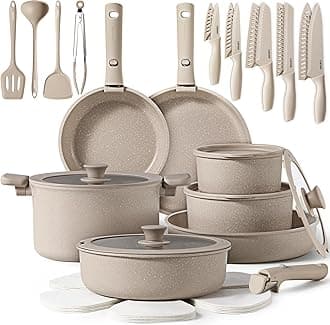 CAROTE 35pcs Pots and Pans Set Non Stick, Cookware Set, Removable Handle Pots and Pans Nonstick, RV Oven Safe Cookware, Induction Kitchen Cookware Set, Knife Set, Taupe
