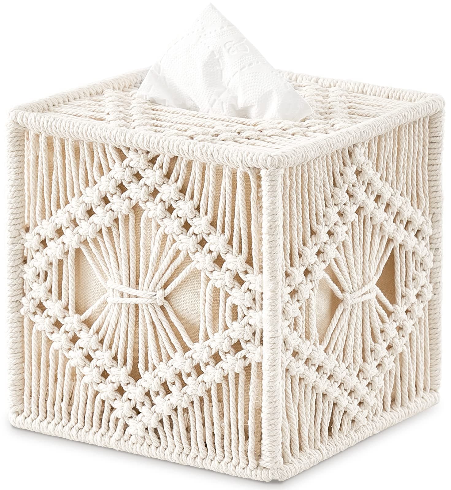 Mkono Tissue Box Cover Macrame Square Open-Bottom Tissue Box Holder Boho Decor Tissue Organizer Bohemian Handmade Woven Tissue Cube Box for Bathroom Bedroom Dresser Living Room Office Dorm, Ivory