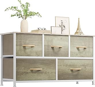 YITAHOME Wide Chest of Drawers, Dresser with 5 Drawers, Oak Greige Fabric Storage Tower, Dresser for Bedroom with 5 Drawers, Living Room, Closets - Sturdy Steel Frame, Wooden Top