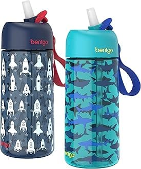 Bentgo Kids Water Bottle 2-Pack - Leak-Proof Durable Tritan BPA-Free 15 oz Cup for Kids/Toddlers Ages 3+; Bite & Sip Spout + Dishwasher Safe for School/Sports/Daycare/Camp (Rocket/Shark)