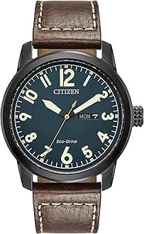 Men's Eco-Drive Weekender Garrison Field Watch in Black IP Stainless Steel with Brown Leather strap, Navy Dial (Model: BM8478-01L)