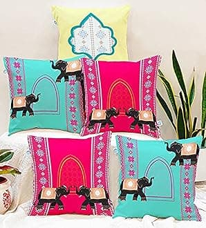 STITCHNEST Set of 5 Polycotton Cushion Covers – 18x18 Inches – Traditional Elephant & Arch Motif in Pink, Aqua & Yellow – Ethnic Festive Cushion Covers for Sofa & Home Decor
