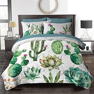 BlessLiving 8-Piece Cactus Comforter for King Bed Girls Green Plants Comforter Set Bed in A Bag - 1 Reversible Comforter, 2 Pillow Shams, 1 Flat Sheet, 1 Fitted Sheet, 1 Cushion Cover, 2 Pillowcases
