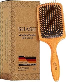 Made in Germany - SUSTAINABLE SHASH Wooden Paddle Brush, Gently Detangles, Styles, Smooths and Conditions Hair, Minimizes Frizz and Breakage, Safe for All Hair Types, Wet or Dry, Eco-Sourced Wood, Wooden Bristles.