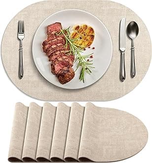 Placemats for Dining Table Set of 6 Non-Slip, Heat Resistant Oval Leather Placemat Double Layer, Waterproof Table Mats Easy to Clean for Kitchen Dining Room Coffee Office Table, Beige