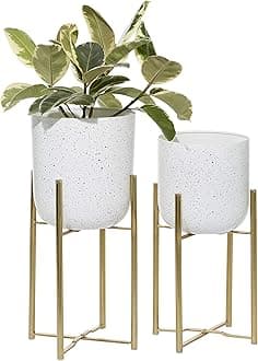 Deco 79Metal Indoor Outdoor Planter Deep Dome Speckled Large Planter Pot with Gold Stands, Set of 2 Planters 22", 19"H, White