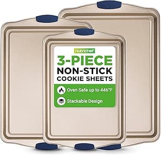 NutriChef 3-Piece Nonstick Bakeware Set - Premium Carbon Steel Oven Baking Trays w/Blue Silicone Handles - Small, Medium & Large Cookie Sheet Pans - PFOS, PFOA, PTFE-Free, Easy to Clean