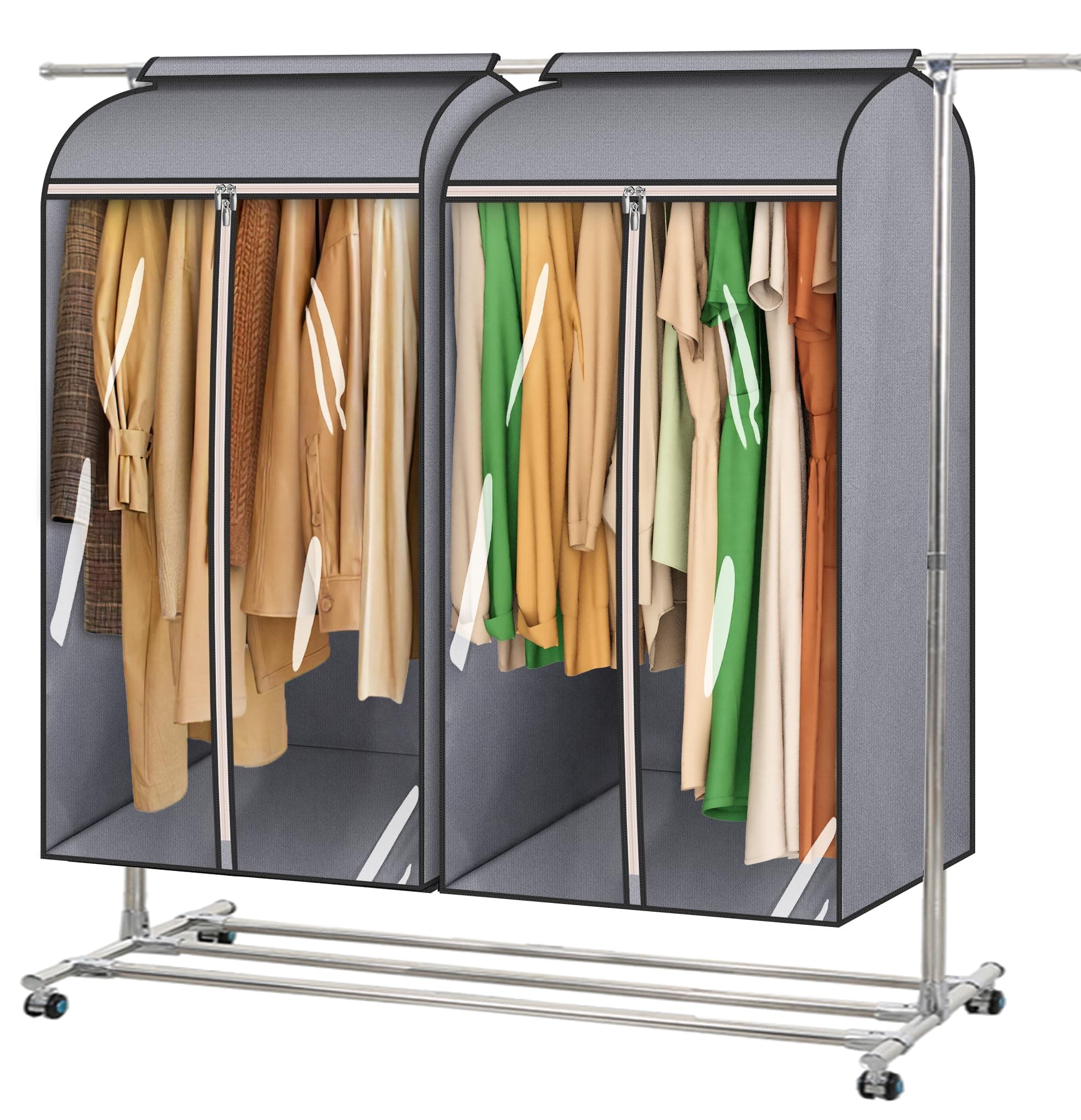 43" Hanging Garment Bags for Hanging Clothes Fully Enclosed Coat Bags for Closet Storage Clothes Cover with Large Clear Window and 3 Zippers (Rack not included), 2 Packs