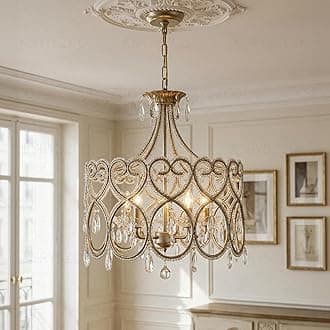 KSRYSZCQ 5-Light Crystal Chandelier 20“ French Country Chandelier Antique Silver Drum Chandelier for Dining Room Bedroom Living Room Kitchen Island