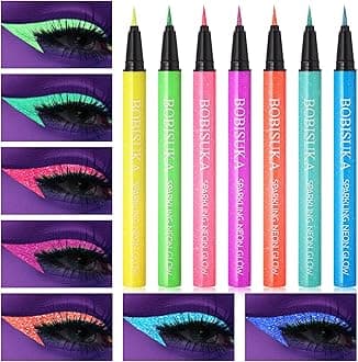 UV Shimmer Glow Liquid Eyeliner Set, 7 Colors Glitter Neon Colored Eyeliners Pen, Colorful Waterproof Pigmented Graphic Liners, Metallic Eye Makeup Kit for Rave Accessories Party