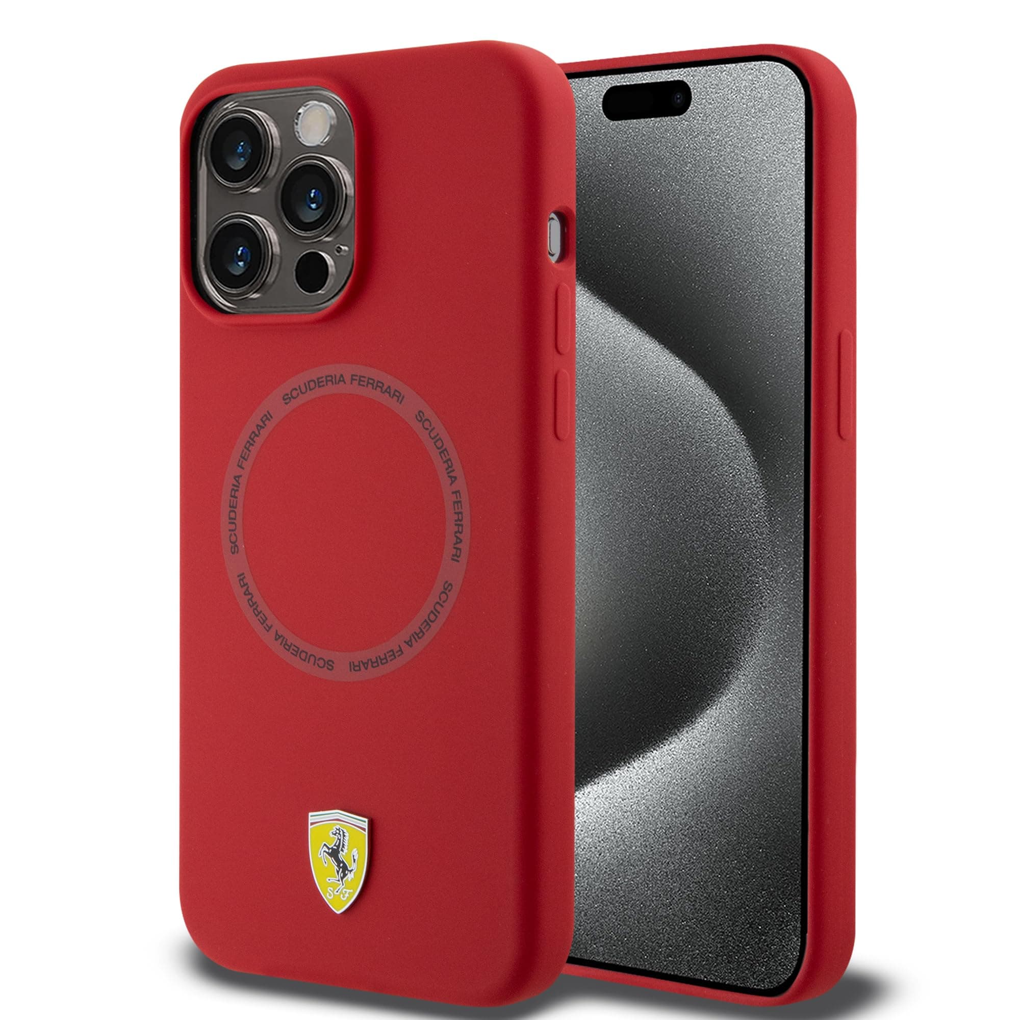 CG MOBILE Ferrari Designed for iPhone 15 Pro Max Case, Ultimate Protection & Smooth Style Red Printed Ring Scuderia Ferrari Silicon Smooth