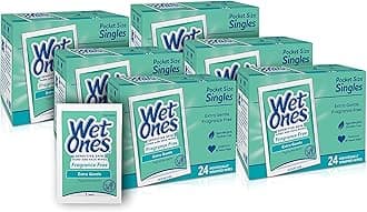 Wet Ones Sensitive Skin Hand and Face Wipes, Unscented, 24 Individually Wrapped Wipes (Pack of 6), Packaging May Vary