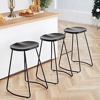 HeuGah Bar Stools Set of 3, Counter Height Saddle Seat Bar Stools, 26" Backless Barstool for Kitchen Island, Black Wood Bar Stool Easy to Assemble (Black, 3 PCS 26Inch Counter Stools)