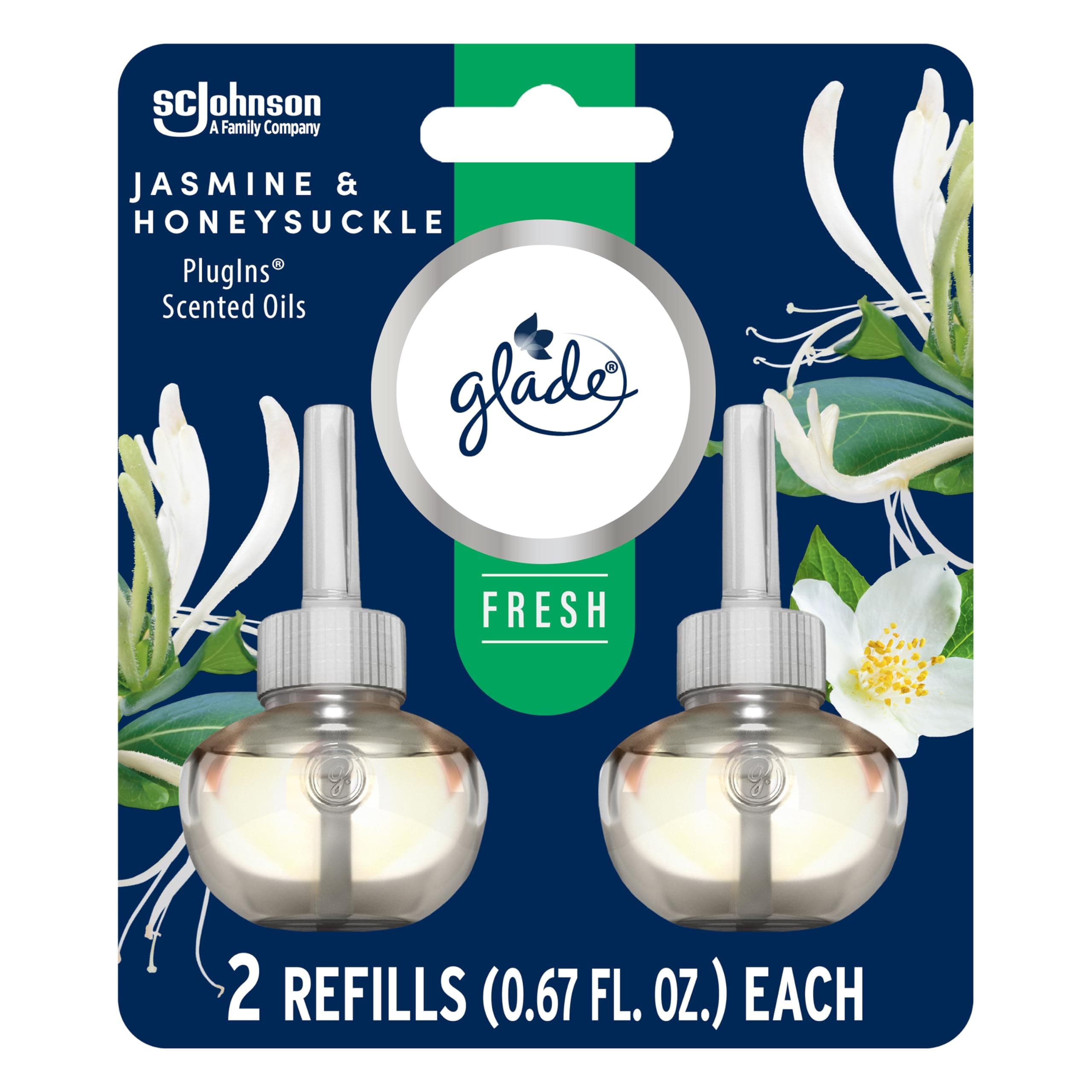 Glade PlugIns Refills Air Freshener, Jasmine & Honeysuckle, Scented and Essential Oils for Home and Bathroom, 0.67 Fl Oz, 2 Count