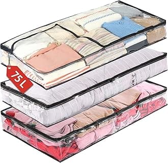 3 Pack Clear Underbed Storage Bags 75L Transparent Clothes Bags Large Capacity Under the Bed Clothing Containers with Reinforced Handles Vinyl Zippered Organizers for Comforters Blankets Bedding (75L x 3Pack)