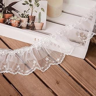 BETITETO 3 Yards White Ruffles Beads Lace Trim Pleated Pearl Organza Tulle Fabric Frills Ribbon for Sewing Clothing Curtains Wedding Decor Dress Designing and Crafts DIY (White-Off Only Style A)