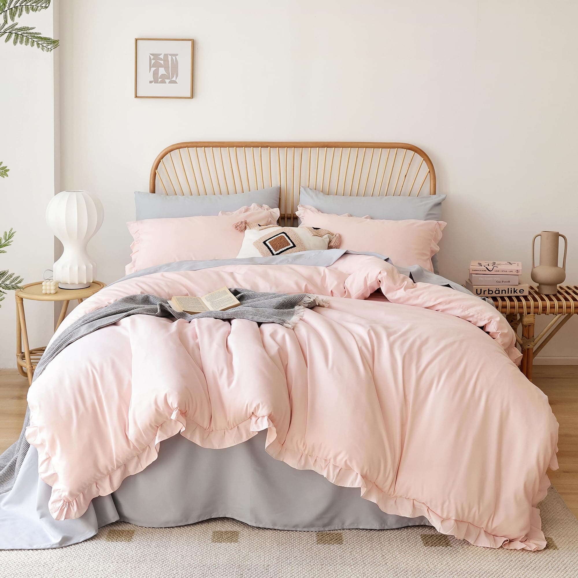 JanzaaTwin Comforter Set Pink Comforter Set 2PCS (1 Ruffled Comforter Set and 1Pillow case) Fluffy Comforter Set Vintage Farmhouse Shabby Chic Bedding Soft All Season