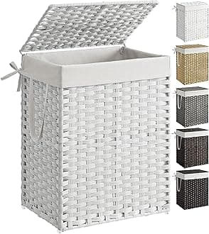 Laundry Hamper with Lid, 23.8 Gallon (90 L) Synthetic Rattan Clothes Laundry Basket with Lid and Handles, Foldable, Removable Liner, Cloud White ULCB51WT