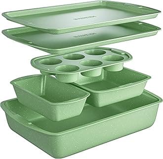 BAKKEN Kitchen Baking Pan Set - Nonstick Green Marble Coating, Commercial Grade Carbon Steel Bakeware Sets, Baking Kitchen Essentials, PFOA, PFOS, PTFE Free, Oven Safe Tray (Up To 450° F), Set of 6