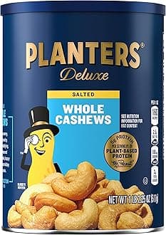 PLANTERS Deluxe Salted Whole Cashews, Party Snacks, Plant-Based Protein, Quick Snack for Adults, After School Snack, Roasted Cashew Flavored with Sea Salt, Bulk Nuts, Kosher, 1 lb 2.25oz Canister
