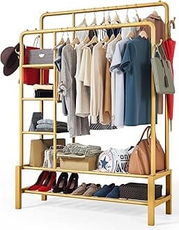 Heavy Duty Clothes Rail, 120KG Gold Metal Rack With Double Hanging Clothing Rail, Shoe Rack, Storage Shelves & 4 Coat Hooks, Wardrobe Clothes Rails For Bedroom Office Shop
