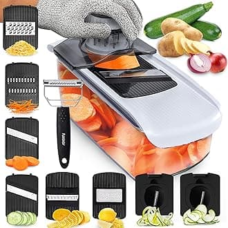 Fullstar Mandoline Slicer for Kitchen, Fruit Cutter, Cheese Grater, Cucumber Slicer, Veggie Spiralizer, Food Cutter & Kitchen Gadgets & Gifts with Safety Glove (9 in 1, White)