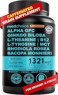 12-in-1 Nootropic Brain Supplement with Caffeine Anhydrous: Ginkgo Biloba for Brain Support, Memory and Focus - B12, Alpha GPC, L Theanine and Choline Supplements with Bioperine with 1321mg (60ct)