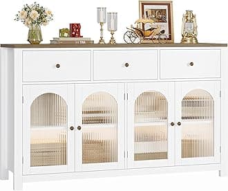 FINETONES Buffet Cabinet with Storage, 55.1" Large Sideboard Buffet Cabinet, Farmhouse Kitchen Cabinets with 3 Drawers and 4 Doors, Wood Coffee Bar for Kitchen Dining Room