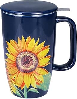 Sunddo Ceramic Tea Mug with Infuser and Lid,15 OZ Loose Leaf Tea Cup, Sunflower Coffee Mug Tea Gifts for Tea Lovers,Blue