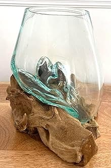 Molten Glass Round Decorative Bowl On Wood Root Stand Glass Rustic Ornament Sculpture Key Sweet Display Dish