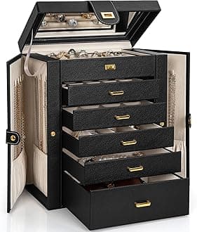 AKOZLIN Large Capacity Jewelry Box, 6 Tiers with Mirror, Accessory Box, Jewelry Storage, Accessory Storage Case, Jewelry Case, 5 Drawers, Luxury Jewelry Box, Black, M: 8.3 x 5.9 x 10.2 inches (21 x 15 x 26 cm)