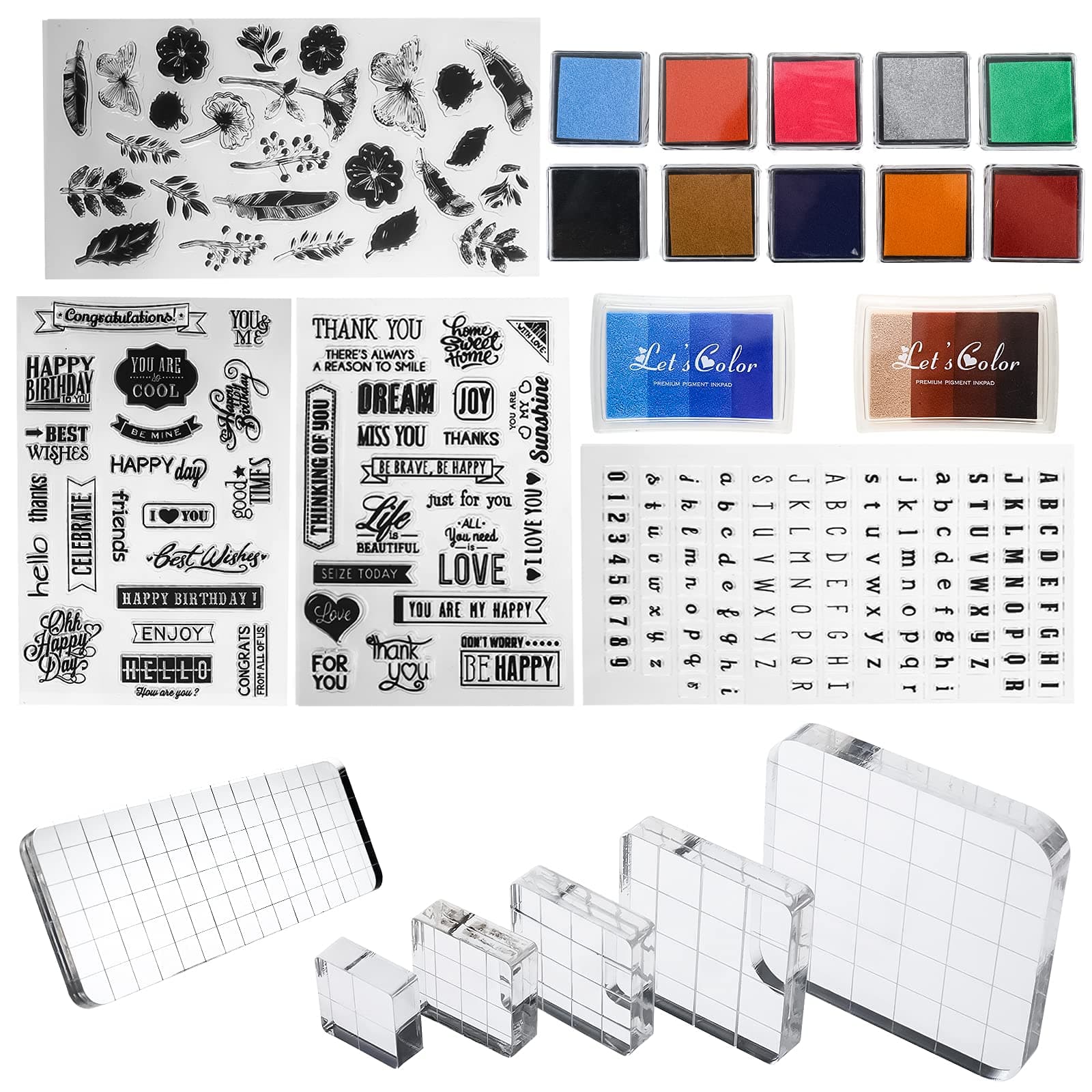Tysun 22 Pcs Acrylic Stamp Blocks Tools Set Include 6 Stamp Blocks Acrylic Stamping Clear Block, 4 Transparent Silicone Clear Stamps Seal, 12 Craft Ink Pad Stamp Pad for Scrapbooking Craft Card Making
