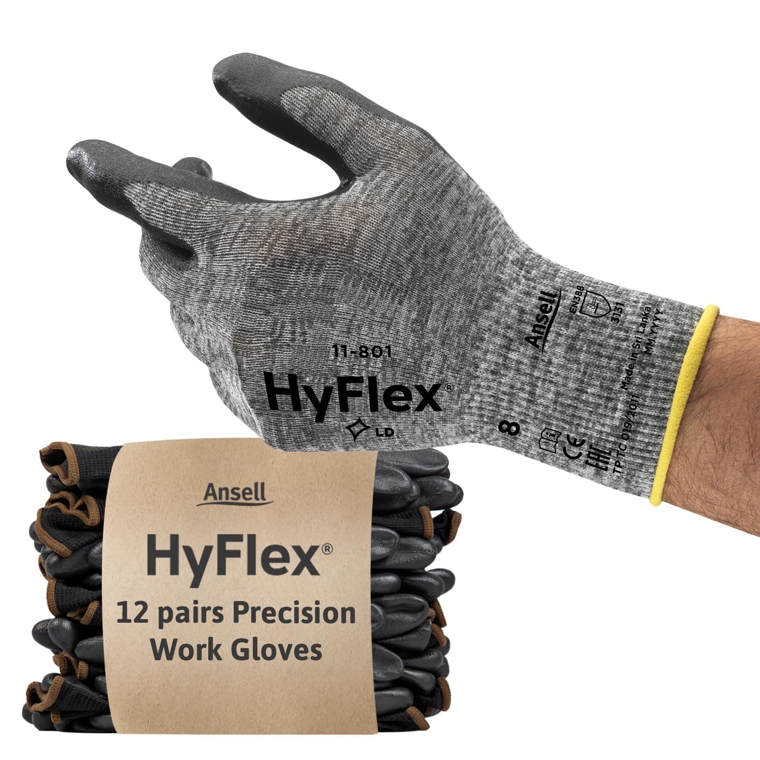 Ansell HyFlex 11-801 Professional Work Gloves, Abrasion Resistant Nitrile Coating with Firm Grip, Multipurpose Protection Gloves, Mechanical and Industrial Safety, Grey, Size L (12 Pairs)