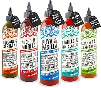 Humble House - Hot Sauce Variety Pack with 5 Low-Sodium Vegan Condiments for Chicken Wings, Tamales, Tacos, Sopes & More, All-Natural Preservative-Free Sauces for Food, 9.5 oz per Bottle