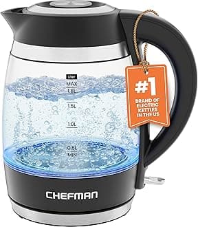 Chefman Electric Kettle, 1.8L 1500W, Hot Water Boiler, Removable Lid for Easy Cleaning, Auto Shut Off, Boil-Dry Protection, Stainless Steel Filter, BPA Free, Borosilicate Glass Electric Tea Kettle