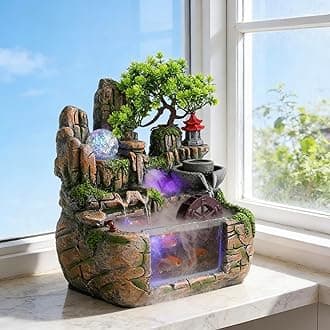 11.81" Creative Desktop Fountain Waterfall Bonsai w/LED Lights & Atomizer Tabletop Decor, Small Fish Tank Rockery Humidifier, Mini Rock Plant Artificial Bonsai Fountain Rockery for Office Home Decor