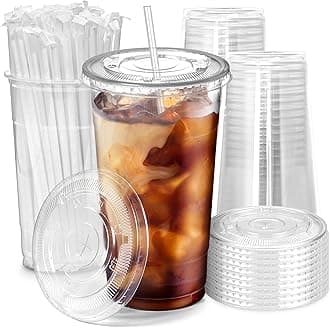 Fit Meal Prep 100 Pack 32 oz Plastic Iced Coffee Cups with Flat Lids and Clear Straws, Disposable Clear Cup, BPA Free Cup for Party, Smoothie, Cold Drinks, Juice, Milkshake, Bubble Boba, Tea