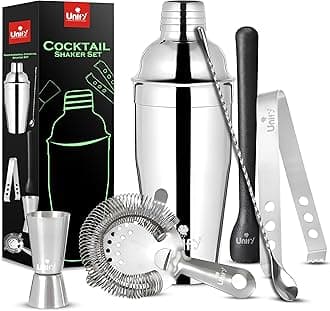 Unify 6 Pieces Stainless Steel Bartender Kit | Premium Cocktail Shaker Set for Home Bar & Parties | Includes Peg Measurer 30/60ml, Bar Spoon, Ice Tong, Muddler, Strainer | Professional Bar Tool Set