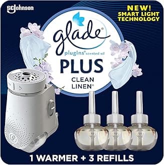 PlugIns Plus Refills Air Freshener Starter Kit, Clean Linen, Scented and Essential Oils for Home and Bathroom, 0.67 Fl Oz, 1 Warmer + 3 Refills